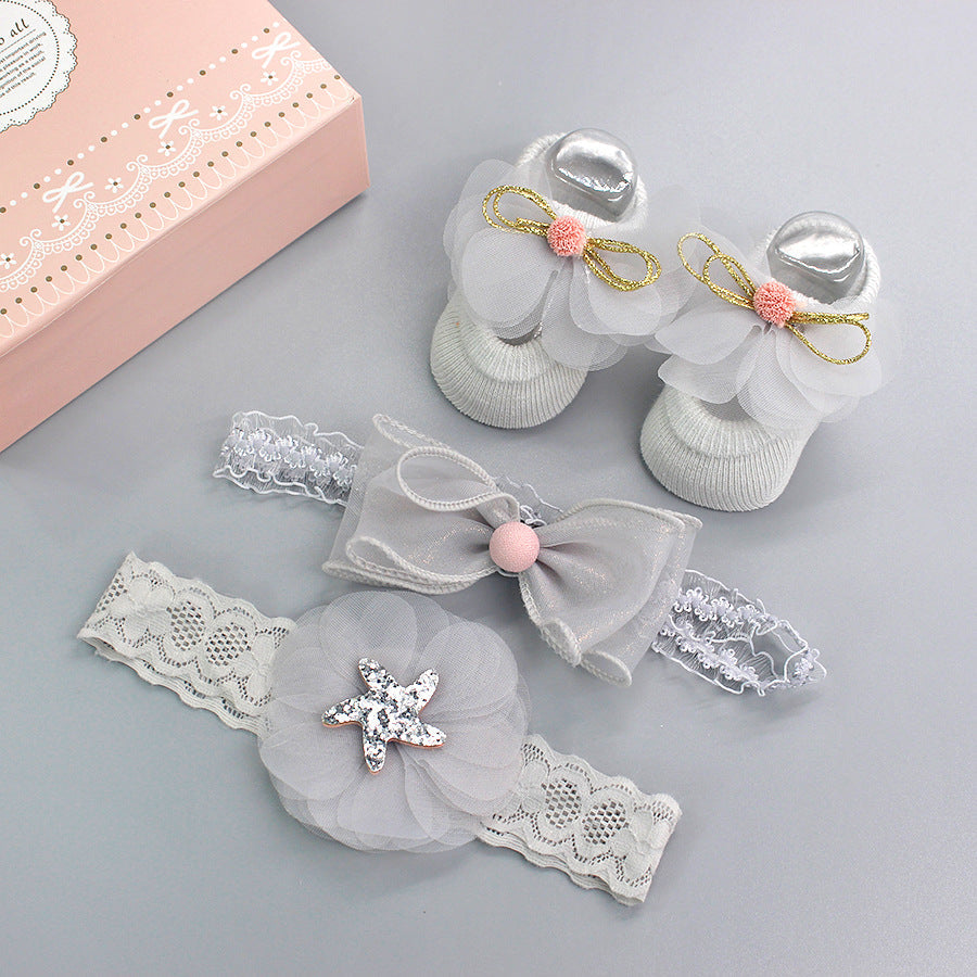 Flower Baby Girl Headband Socks Set Shoes With  Crown Bows Newborn Headbands For Girls Turban Baby Hair Accessories