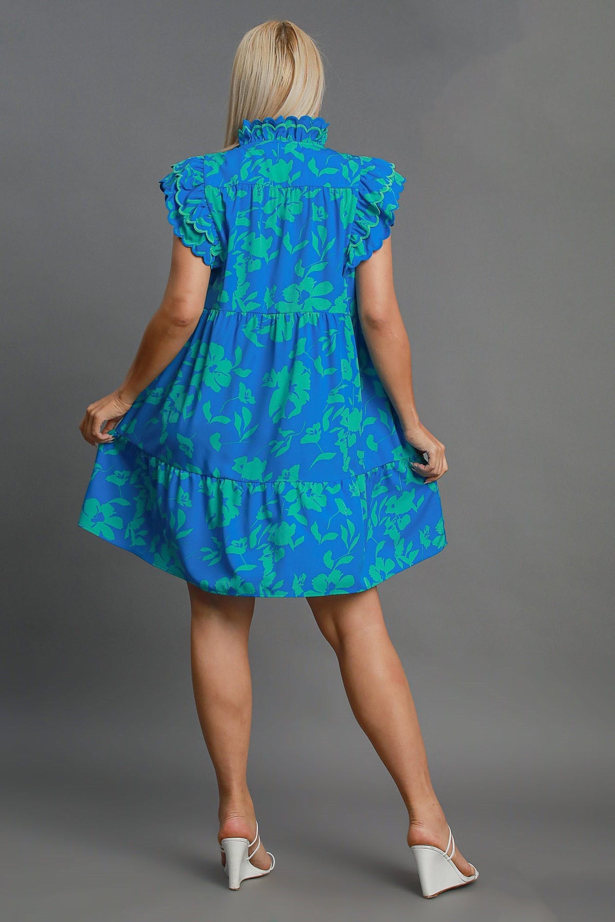 Blue Full Size Two-Tone Floral Print Ruffle Cap Sleeve Mini Dress Plus Size Elegant Dress