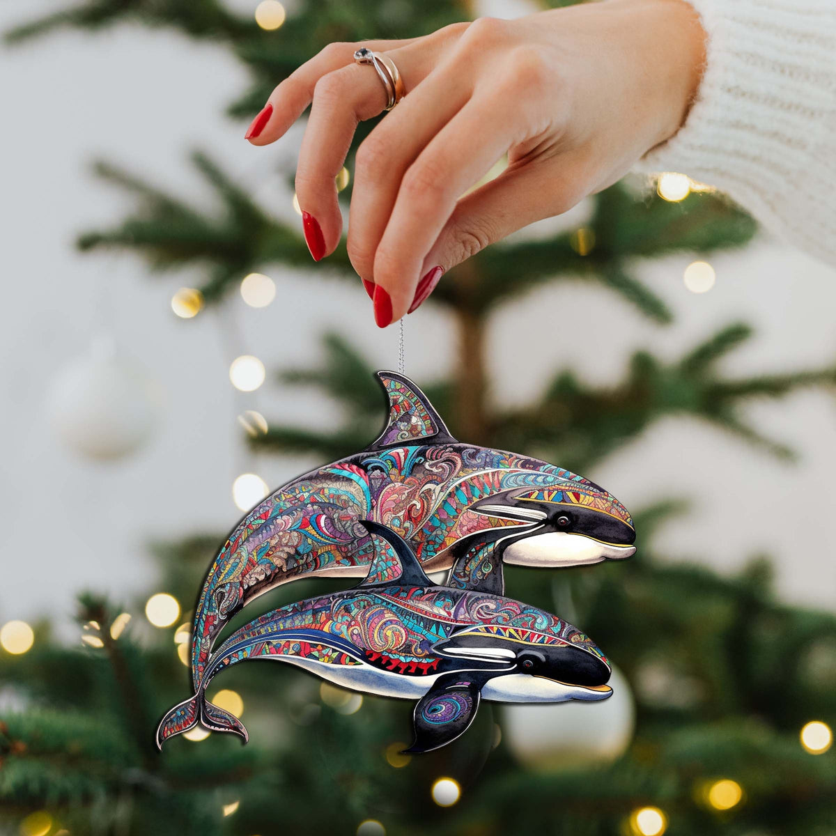 Alaskan Mysterious Orcas Wooden Ornaments by G.Debrekht - Wildlife Holiday Decor - 8710107-1
