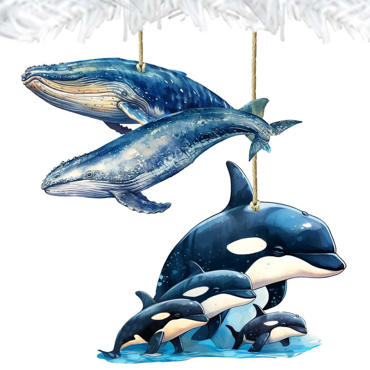 Alaskan Whale and Orca Eco Wood Ornaments Set of 2 by G. Debrekht - Wildlife Holiday Decor - 8091323S2