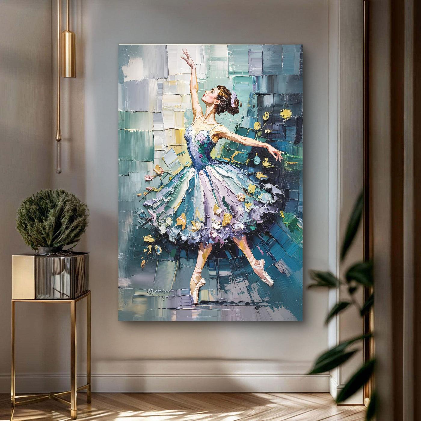 Abstract ballerina wall art on canvas by Tailored Canvases, featuring flowing shapes and soft colors for modern home decor.