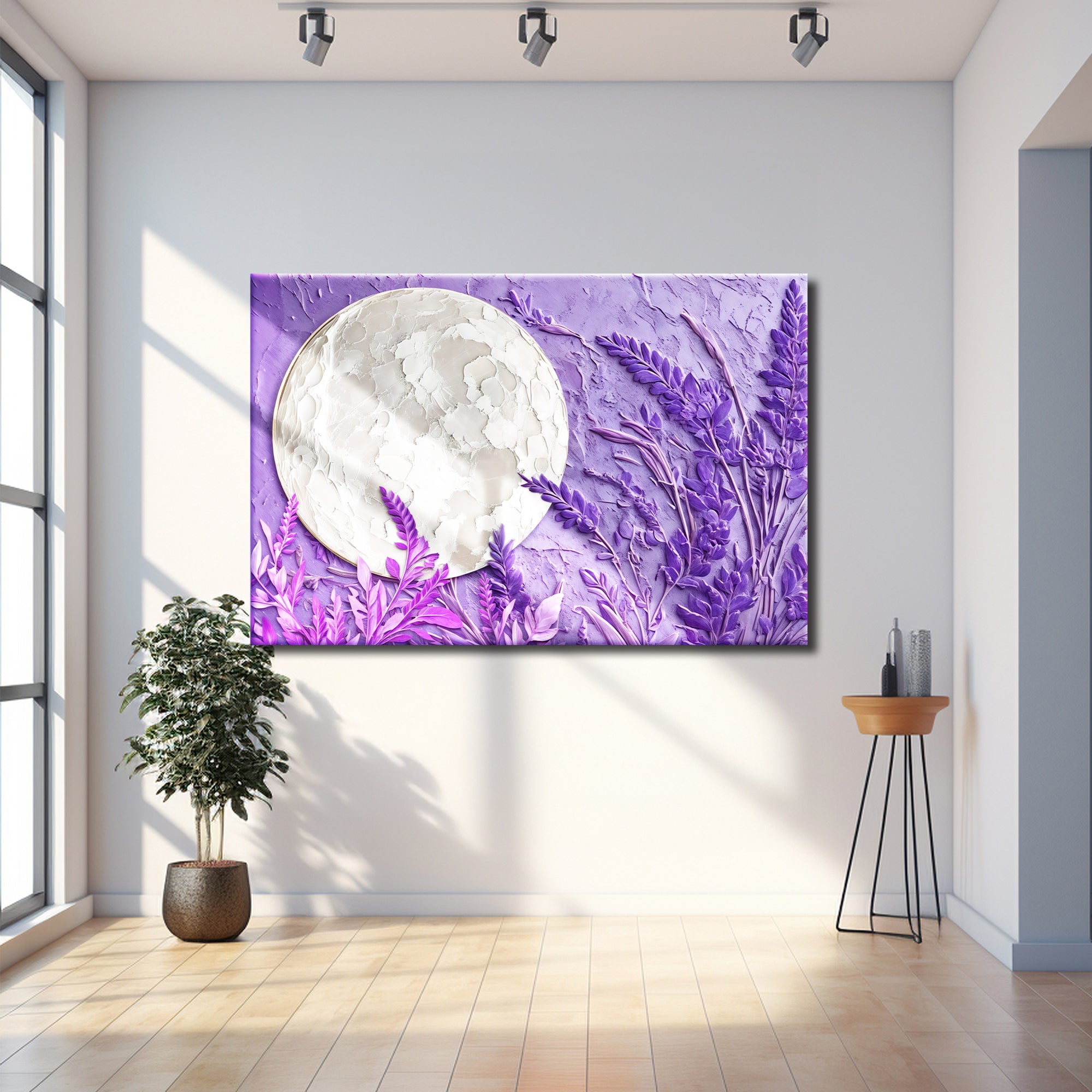 3D lavender moon wall art canvas by Tailored Canvases featuring a serene moon and lavender design for bedroom decor