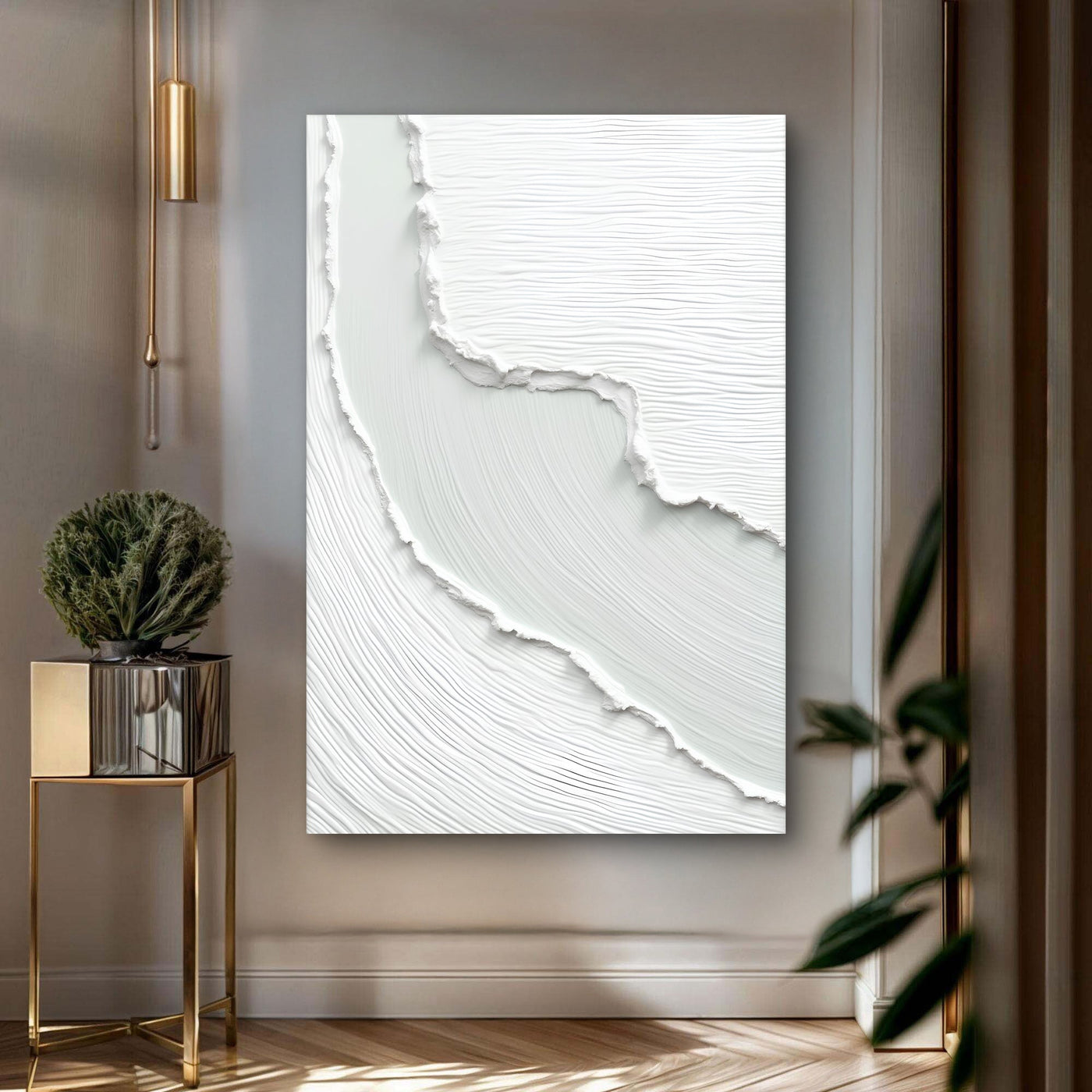 Abstract minimalist wave wall art on canvas by Tailored Canvases, featuring flowing blue and white wave designs.