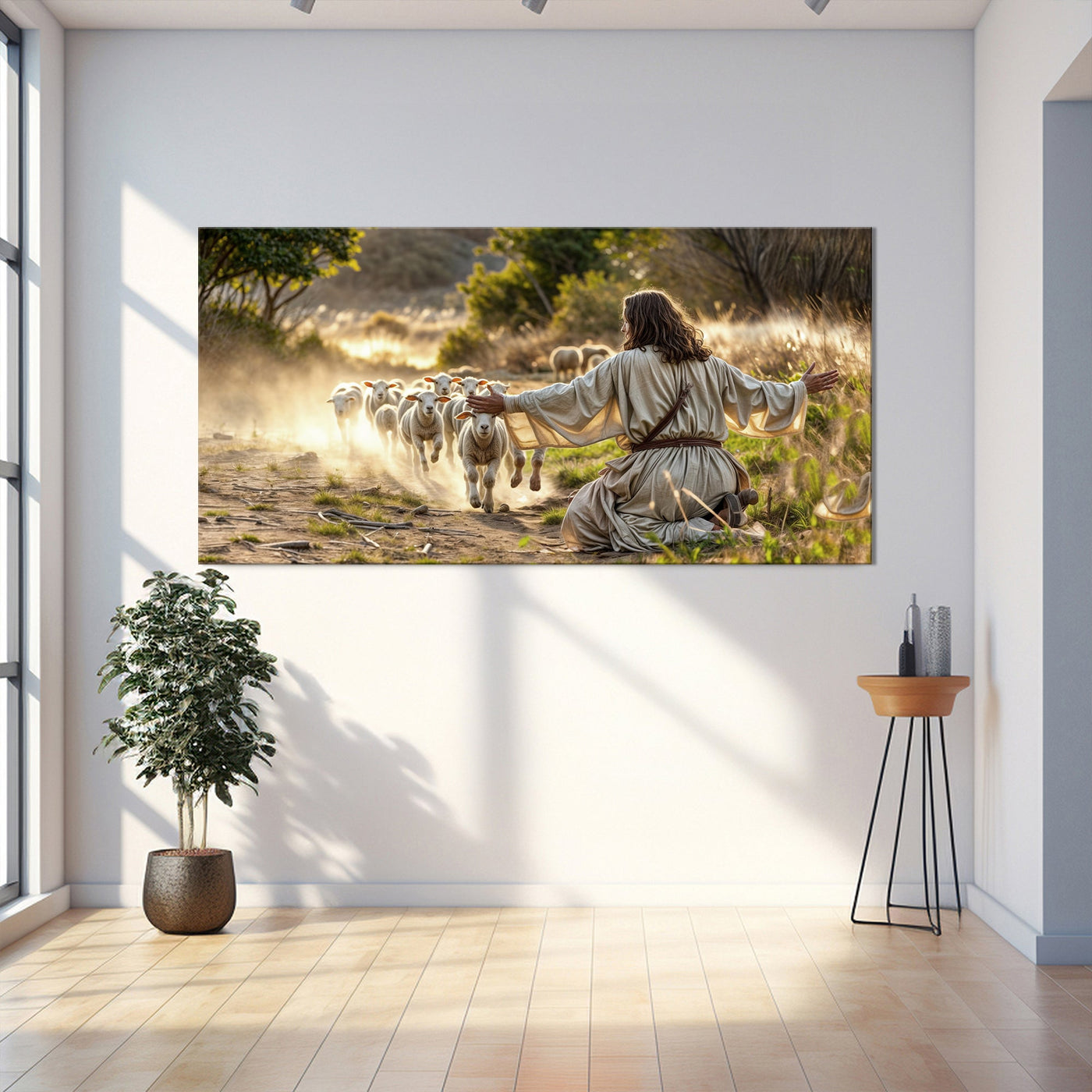 Canvas wall art depicting Jesus protecting the lamb from wolves, featuring religious imagery on a tailored canvases background.