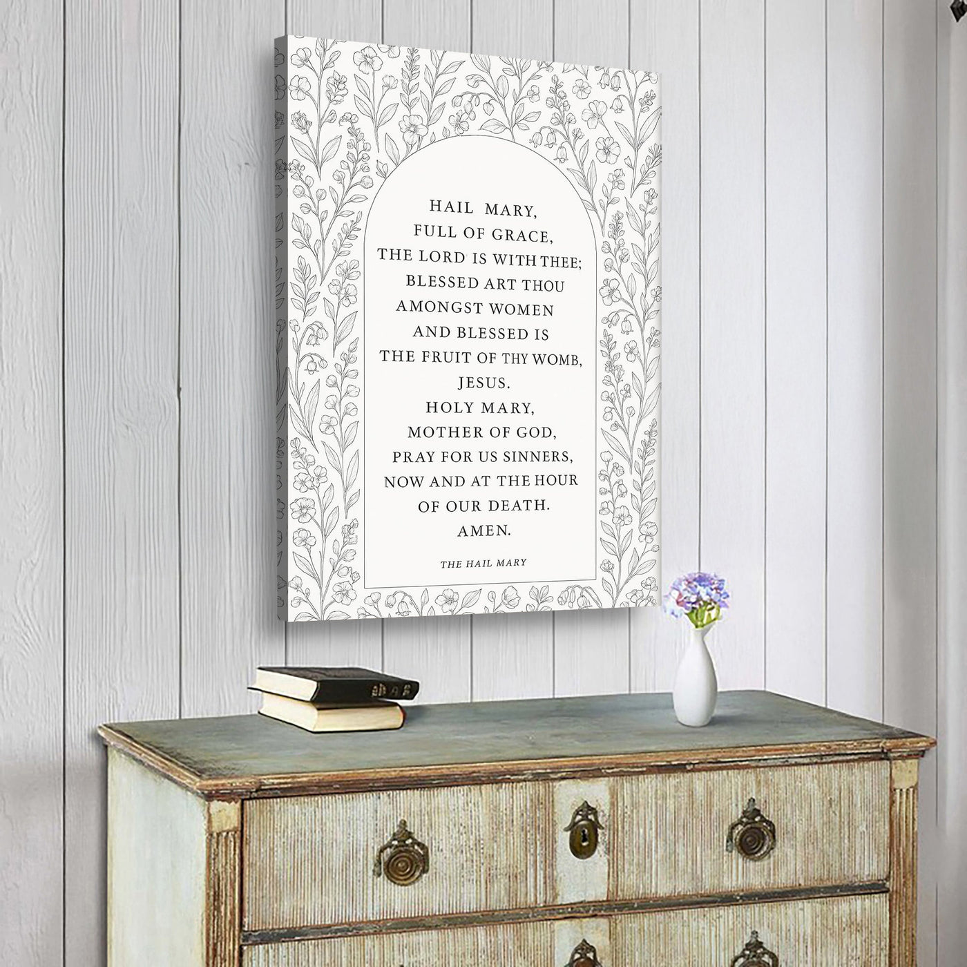 Canvas wall art featuring "The Hail Mary Faith Sign III" with religious text, created by Tailored Canvases.