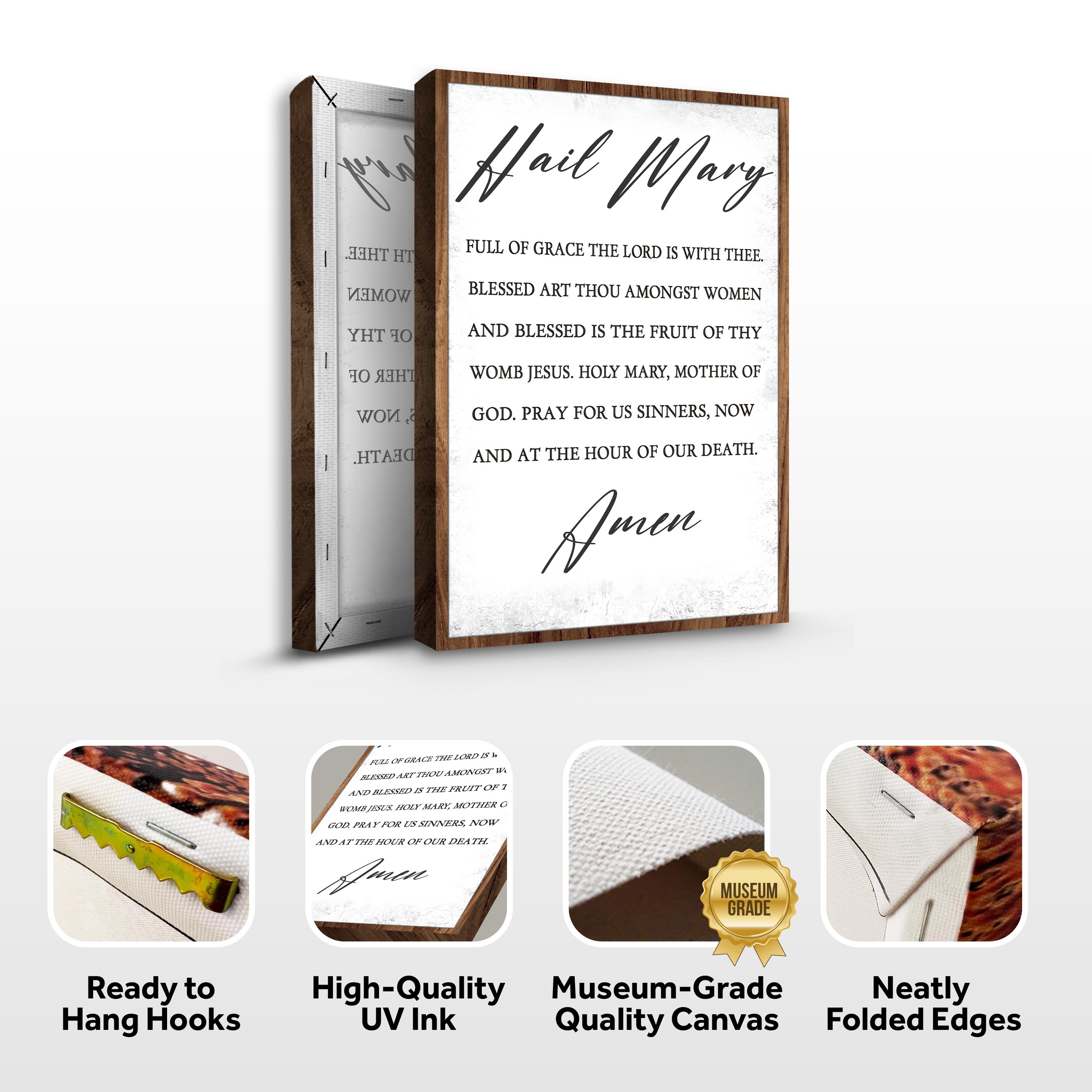 Canvas faith sign titled "The Hail Mary" by Tailored Canvases, featuring religious text on a decorative fabric background.
