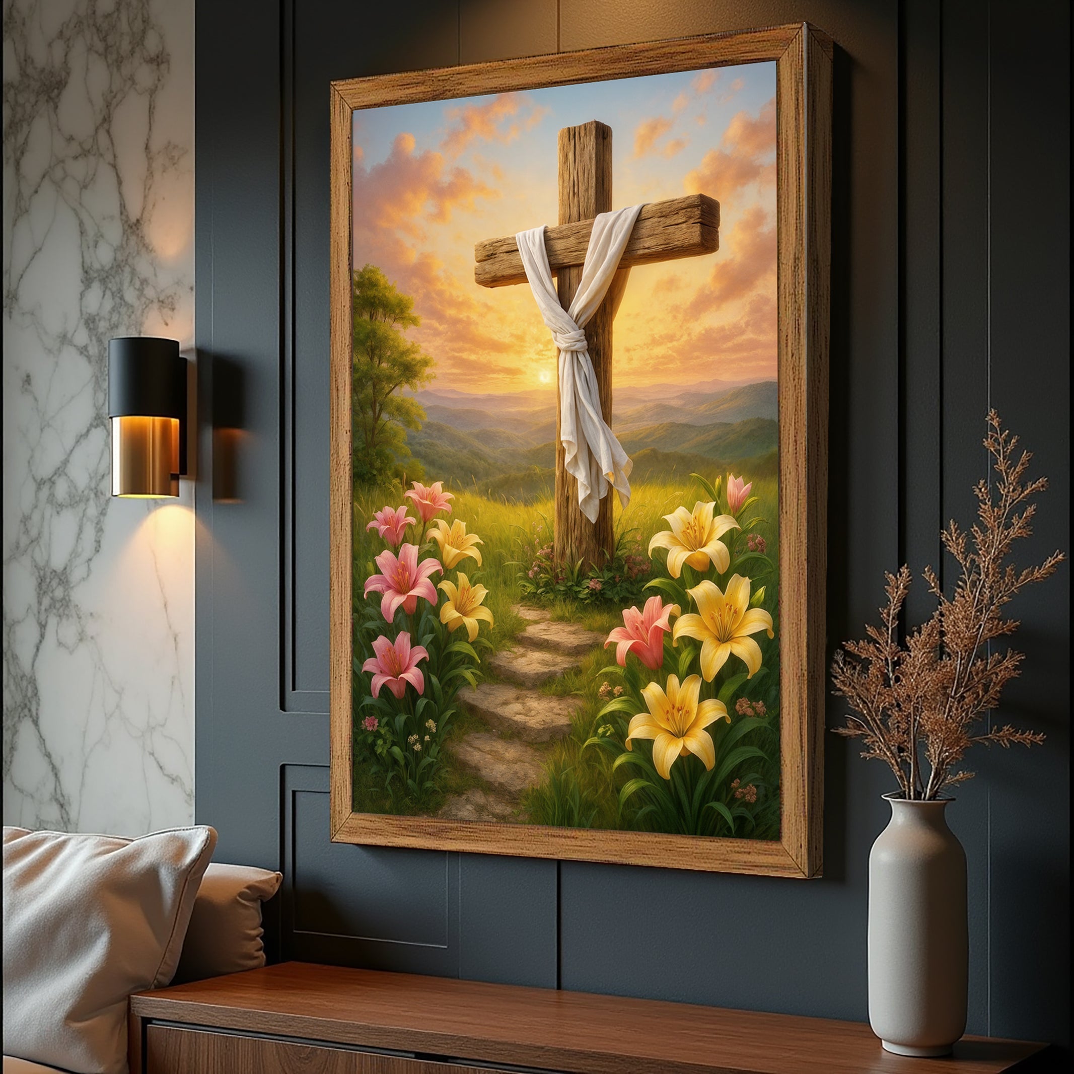 Canvas wall art featuring a cross and flowers with faith-themed design by Tailored Canvases
