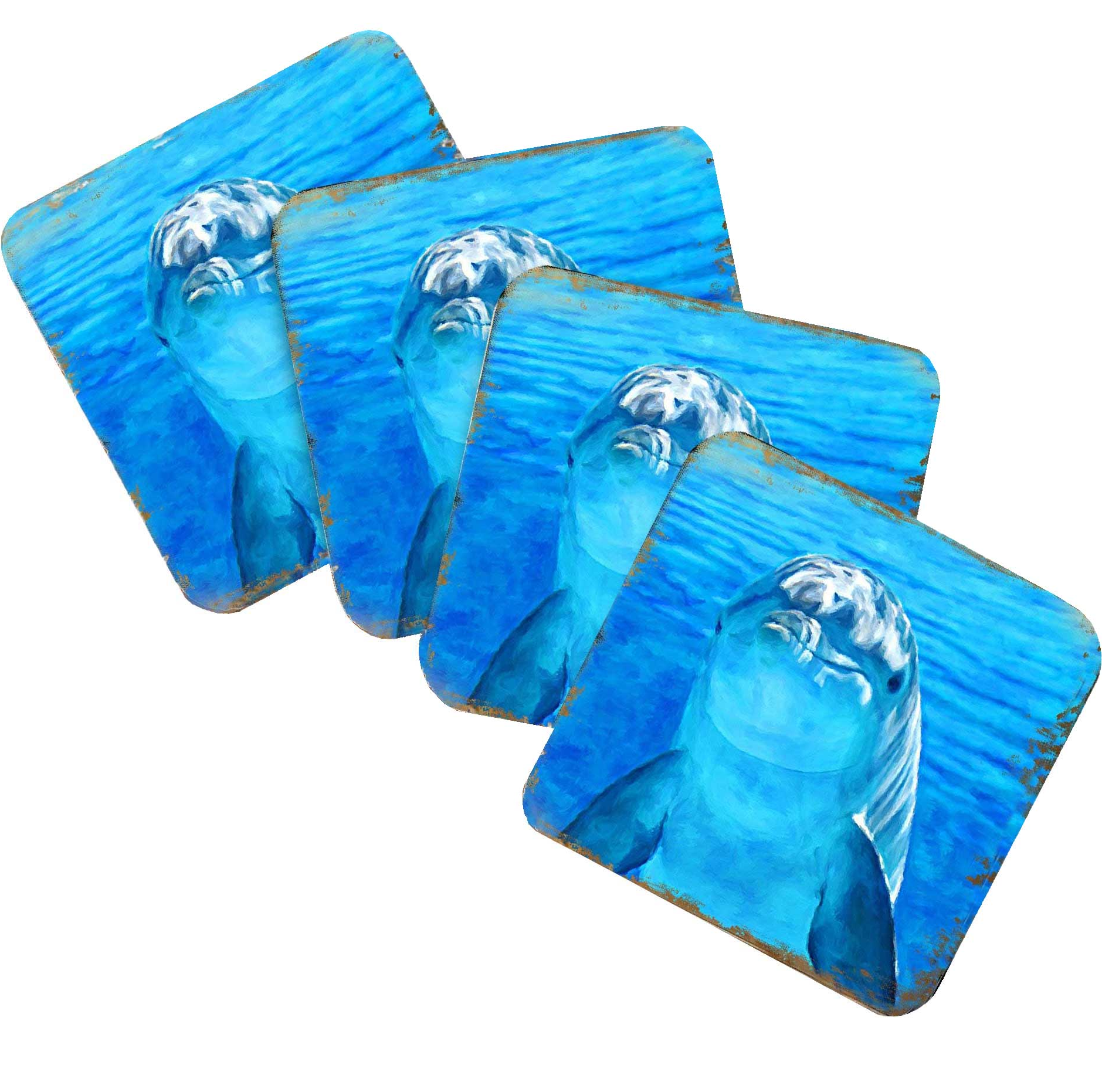 Dolphin Coastal Wooden Cork Coasters Gift Set of 4 by Nature Wonders - Coastal Sea-Life Decor - 95261C-S4