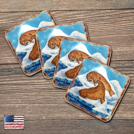 Sea Lions Wooden Cork Coasters Gift Set of 4 by Nature Wonders - Coastal Wildlife Decor  - 95377C-S4