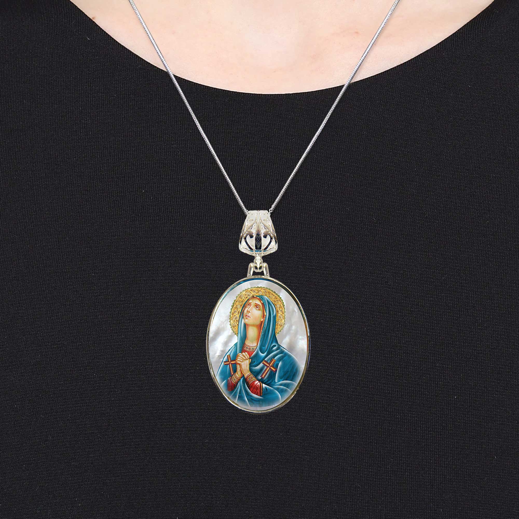Mother of God Praying Silver Plated Mother of Pearl Necklace - 43014