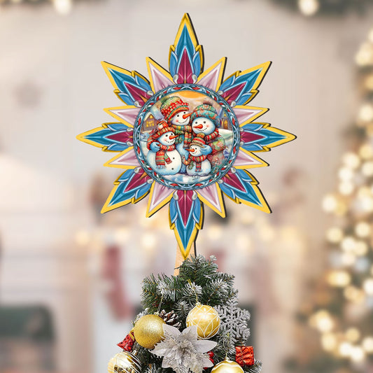 Snowman Family Star Tree Topper Wooden Decor by G. Debrekht - Santa Snowman Christmas Decor - 89511