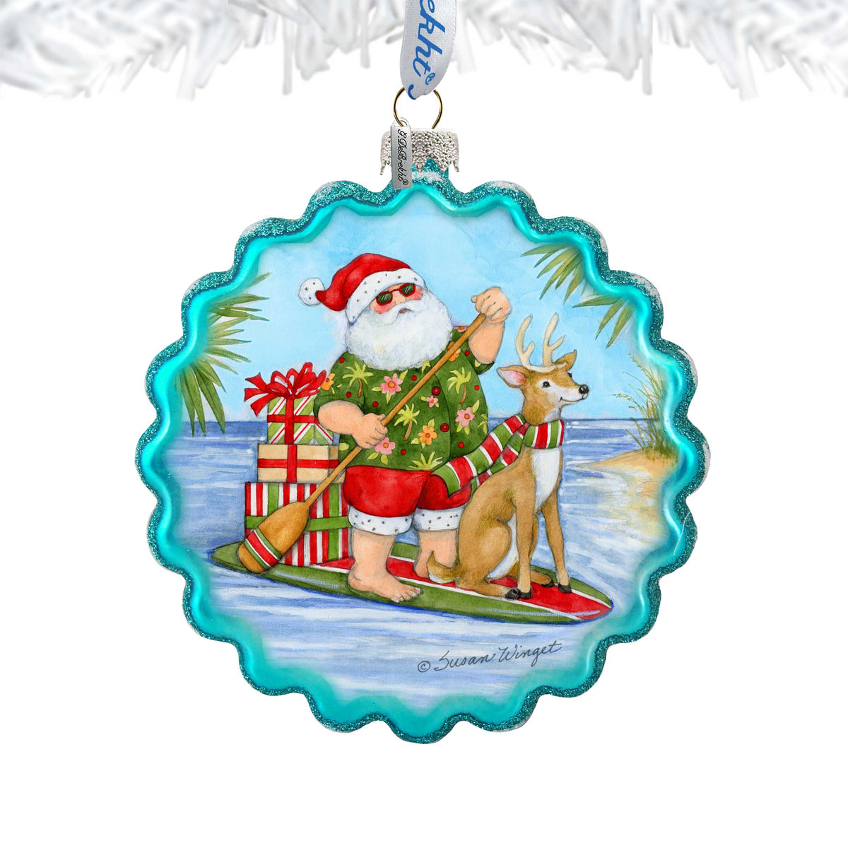 Christmas Decoration - Handblown Glass - Paddle Boarding Santa - Christmas Tree Ornament by Susan Winget - Handmade Gift - Wooden Ornament - 759-115-SW