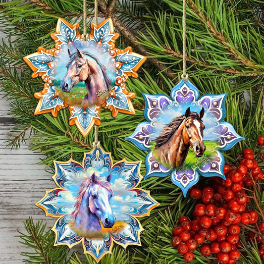 Horses Snowflake Eco Wood Ornaments Set of 3 by G. Debrekht - Nature Wildlife Decor - 8090151-S3