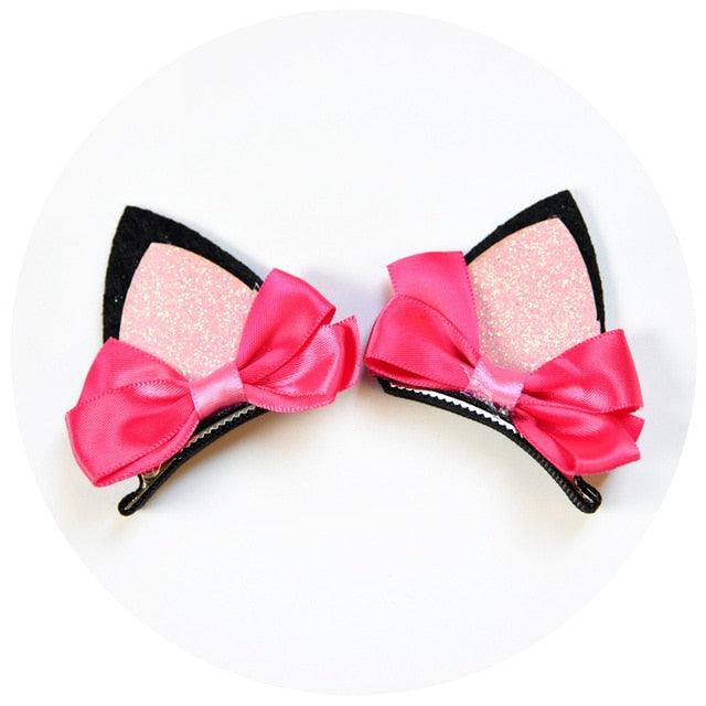 2pcs/Set Cute Hair Clips For Girls Glitter Rainbow Felt Fabric Flowers Hairpins Cat Ears Bunny Barrettes Kids Hair Accessories for Halloween Parties Cosplay for Girls