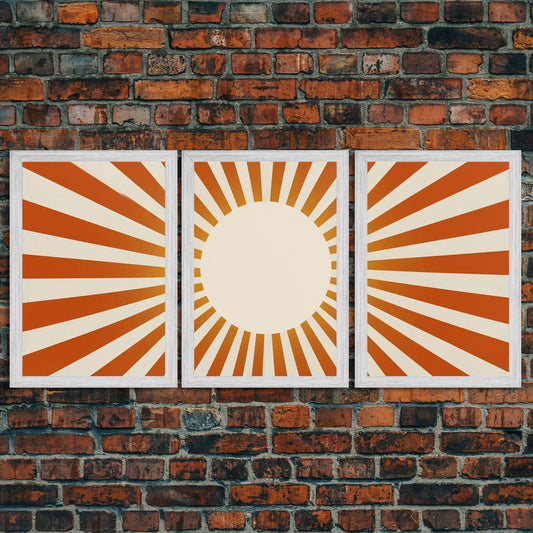 Boho Horizontal Sun Print, 3 Piece Art, Triptych Wall Art, Framed Canvas Prints, Yellow Sun Poster, Sunrise Wall Art, Boho Nursery Prints