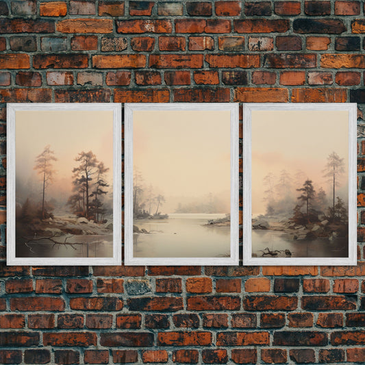 3 Piece Triptych Canvas Print Set, Watercolor Landscape Painting, Beautiful River Scene, Minimalist Boho Decor