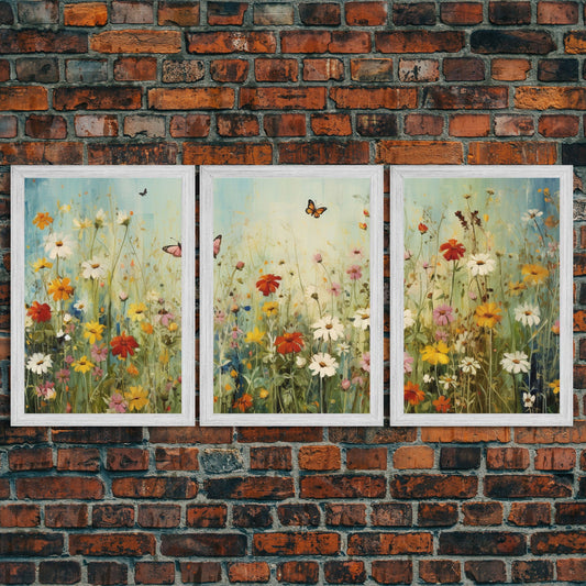 Beautiful Wildflowers Triptych, Wild Flower Art, Watercolor Floral Framed Canvas Print, Wall Art, Rustic Farmhouse Decor, 3 Piece Set