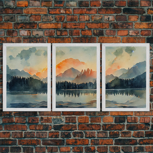 A Forest Fire, 3 Piece Canvas Wall Decor, Ready To Hang Canvas Prints, Watercolor, Orange Landscape Sunset Art, Canvas Wall Decor