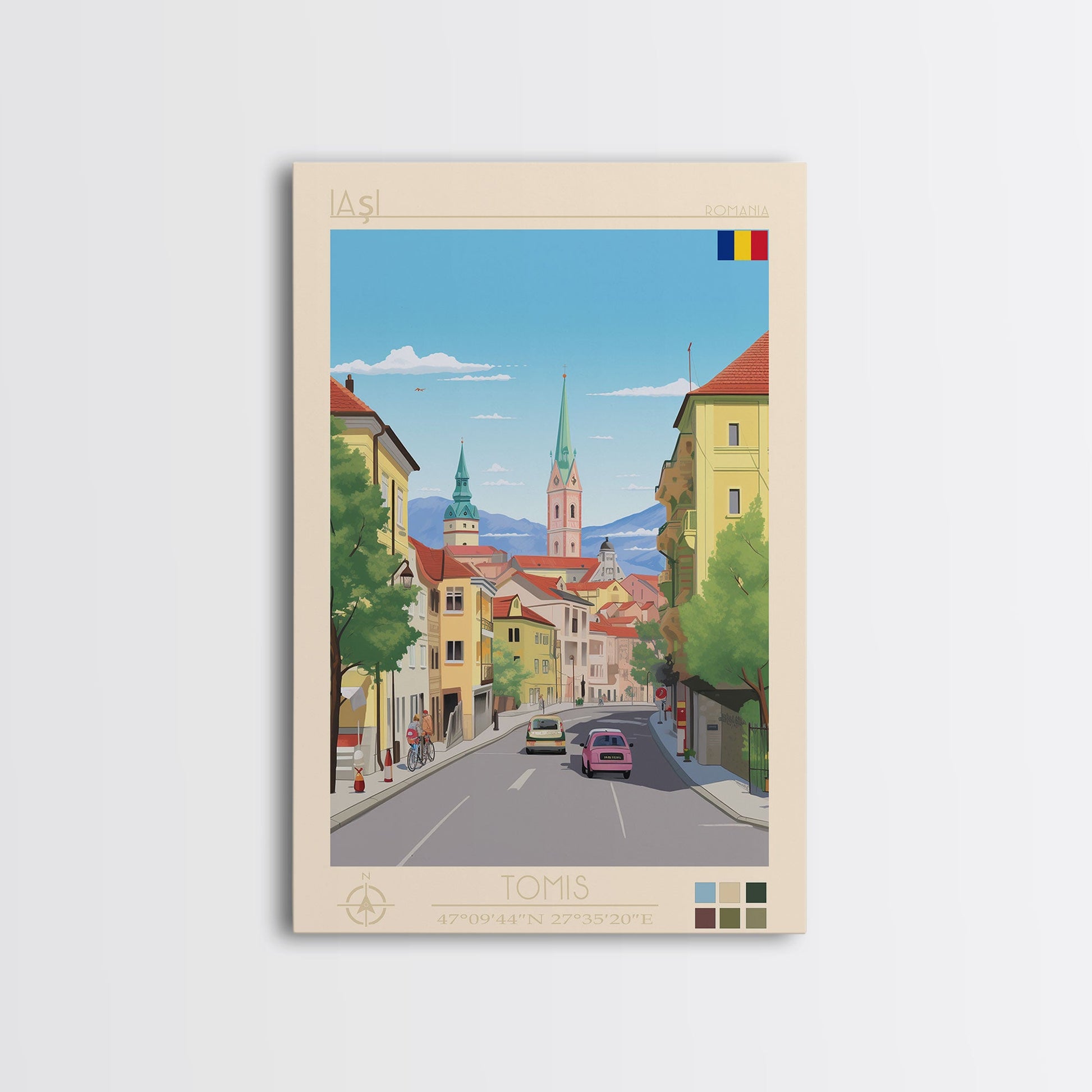 Framed canvas print of Iași Romania travel poster featuring midcentury modern and pop art wall decor for living rooms or offices