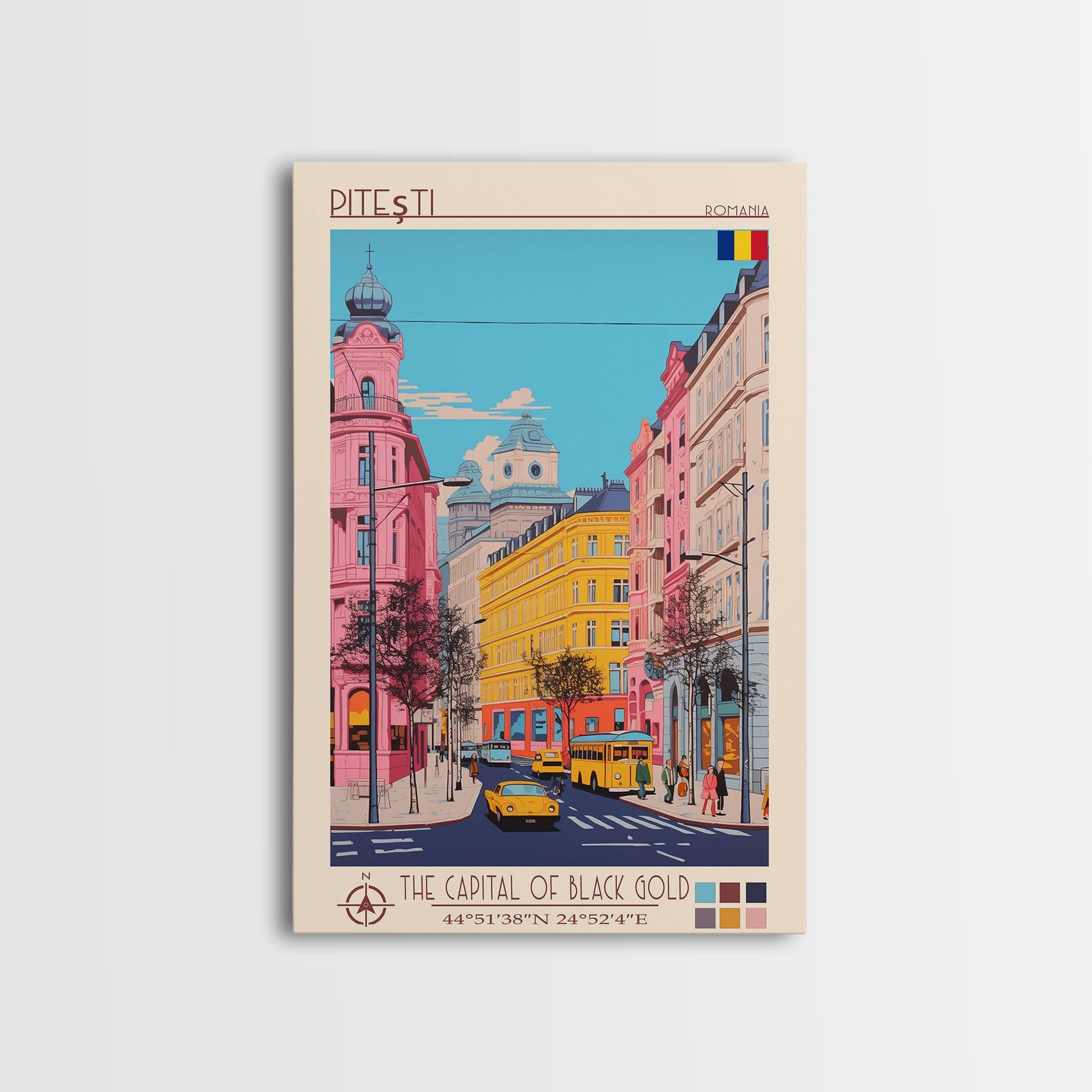 Framed canvas print of Pitești Romania travel poster featuring midcentury modern and pop art wall decor by NuevArt.
