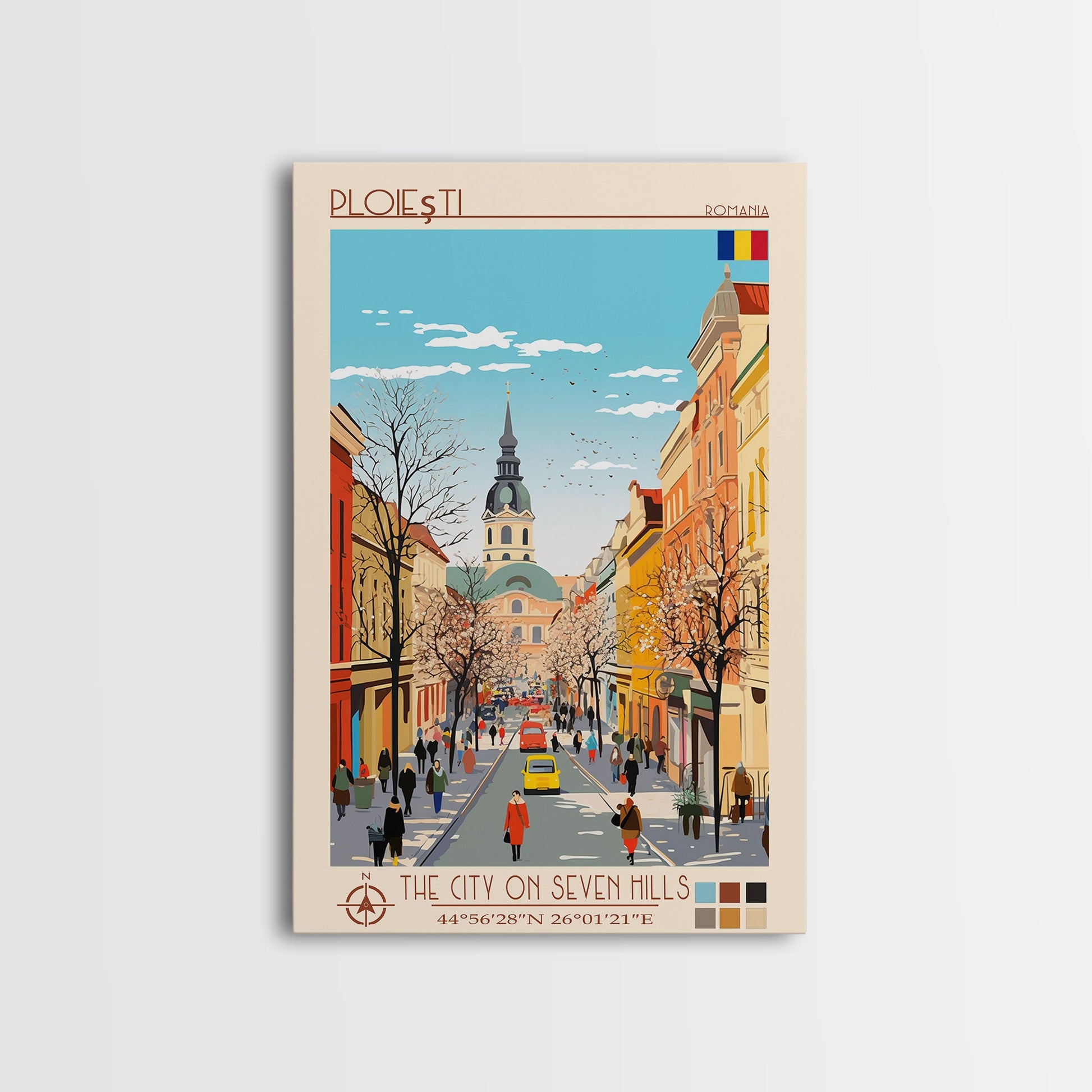 Framed canvas print of Ploiești Romania travel poster by NuevArt, featuring scenic midcentury modern and pop art wall decor.