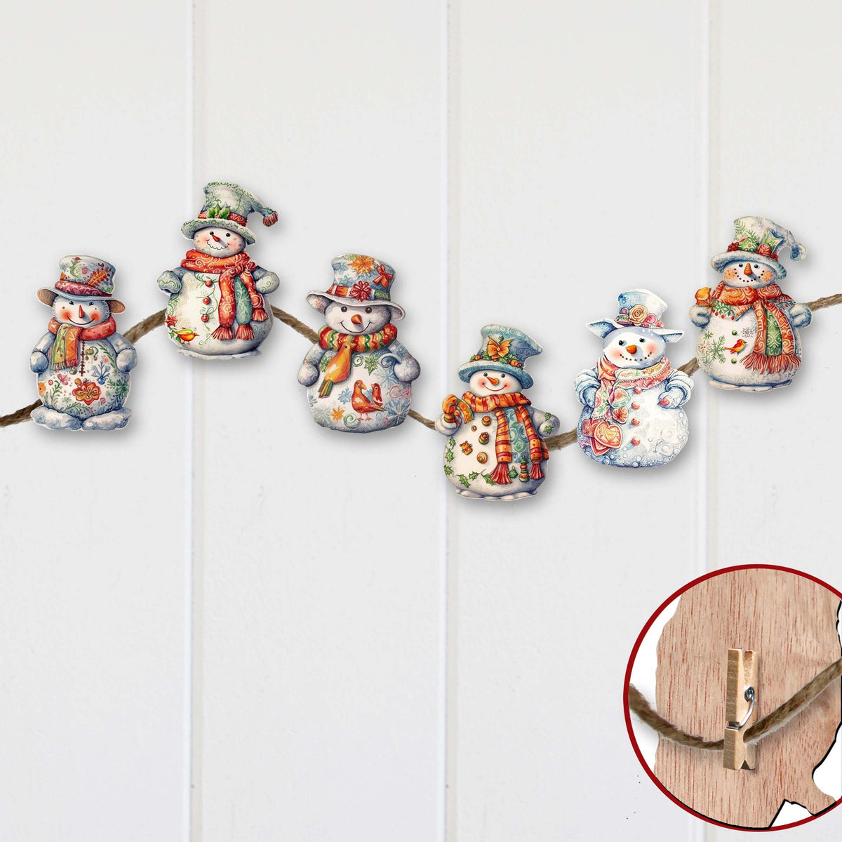 Snowman Clip-On Eco Wood Decorative Ornaments Set of 6 by G. Debrekht - Christmas Decor - 8090023C-S6