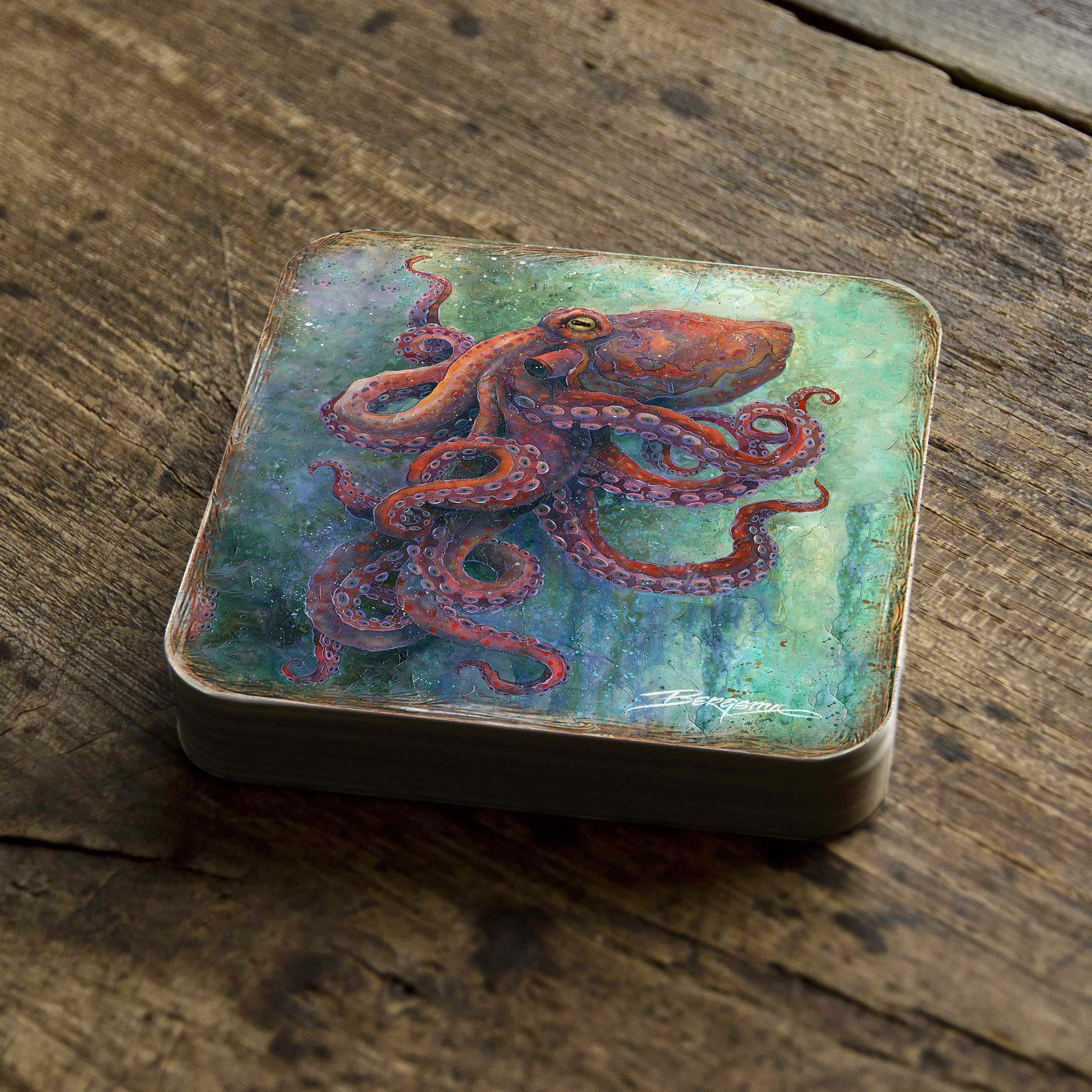 Octopus Wooden Cork Coasters Gift Set of 4 by J. Bergsma - Coastal Decor  - 8199459C-S4