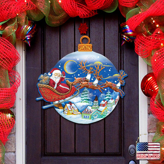 Up-Up and Away Santa Sleigh Ball Door Decor by G. DeBrekht - Christmas Santa Snowman Decor - 8112160H