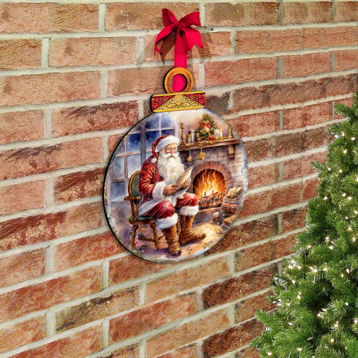 Santa at the Fireplace Wreath Holiday Door Decor by G. Debrekht - Christmas Santa Snowman Decor - 8611089-2H