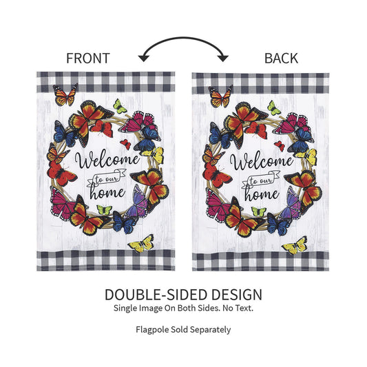 Butterfly Welcome Wreath Garden Linen Flag