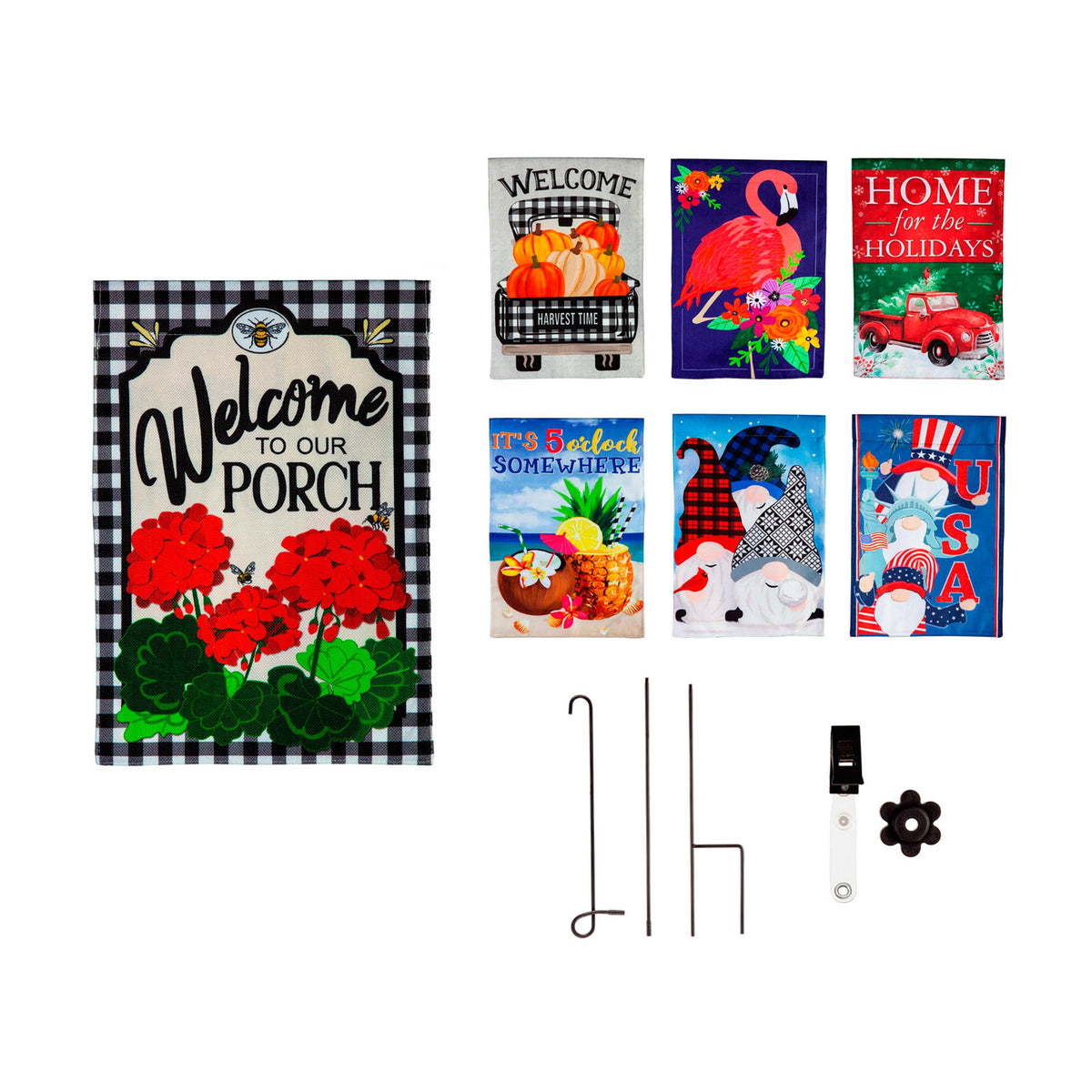 Burlap 4-Season Flags w/ Flag Stand, Set of 7, Welcome