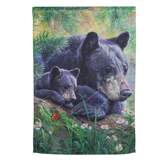 Mom and Baby Bear in the Meadow Suede Garden Flag