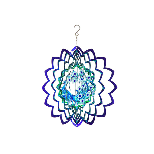 12" 3D Optical Illusion Hanging Metal Spinner, Peacock