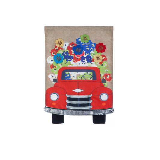 Red Truck Flowers Garden Burlap Flag