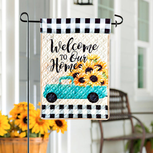 Mint Sunflower Truck Garden Quilted Flag