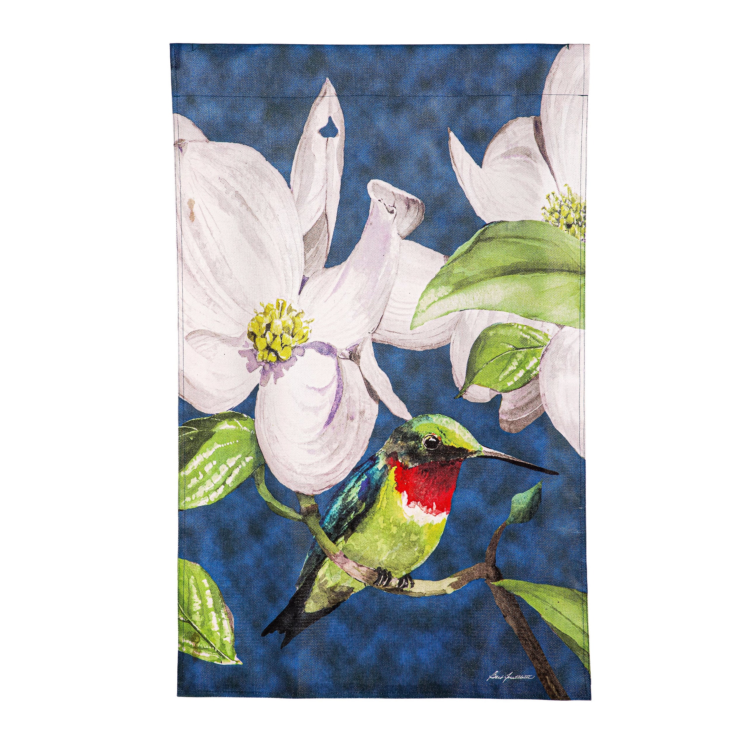Hummingbird Dogwood Burlap House Flag