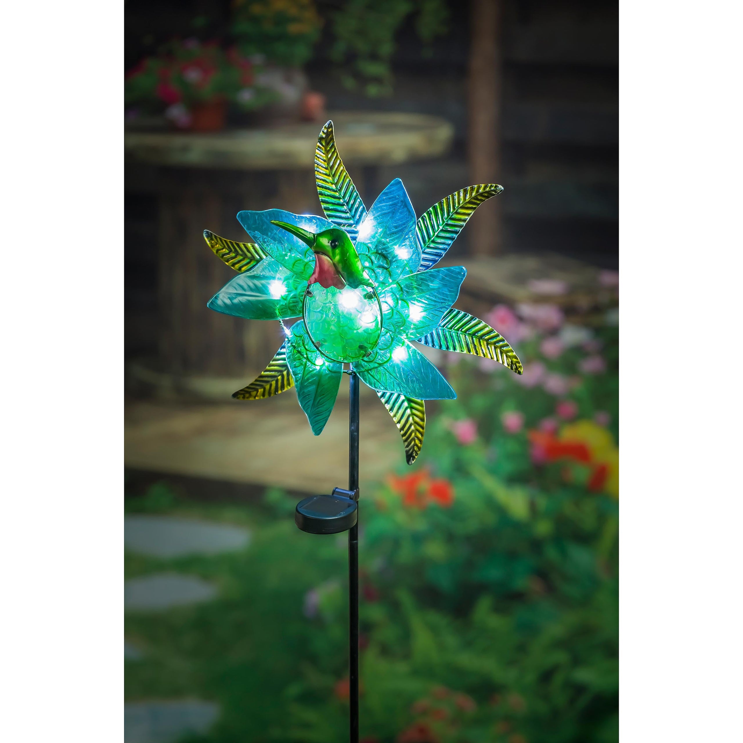 48"H Solar Staked Wind Spinner, Glass Hummingbird