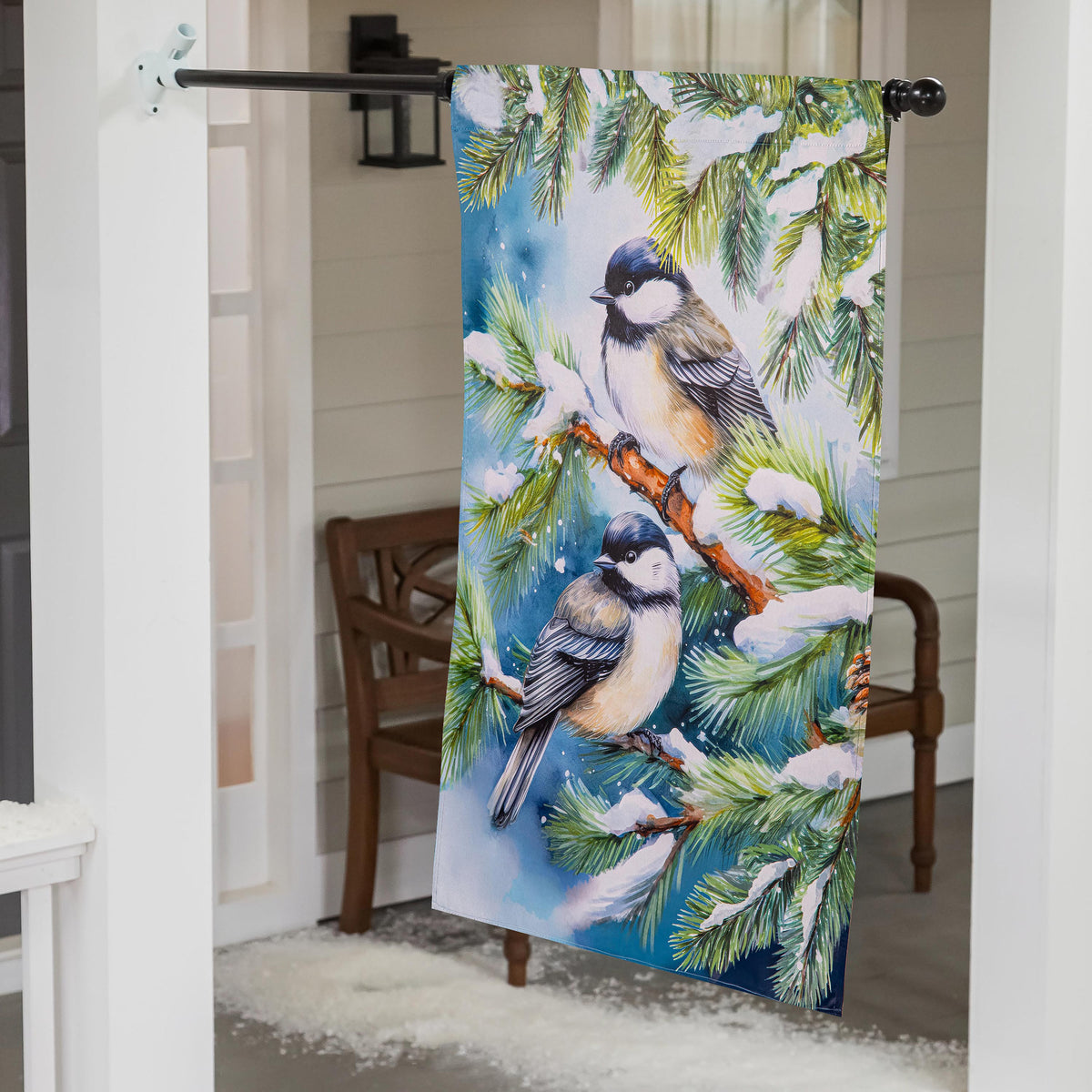 Winter Chickadee Friends Suede House Flag