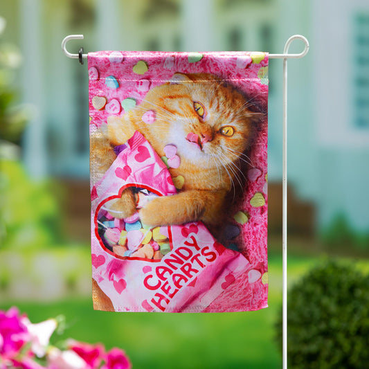 Cat With Candy Heart Lustre Garden Flag
