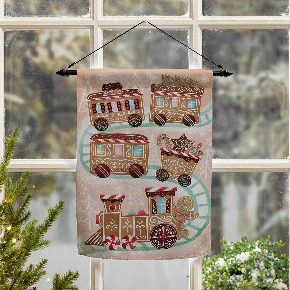 Gingerbread Train Suede Garden Flag