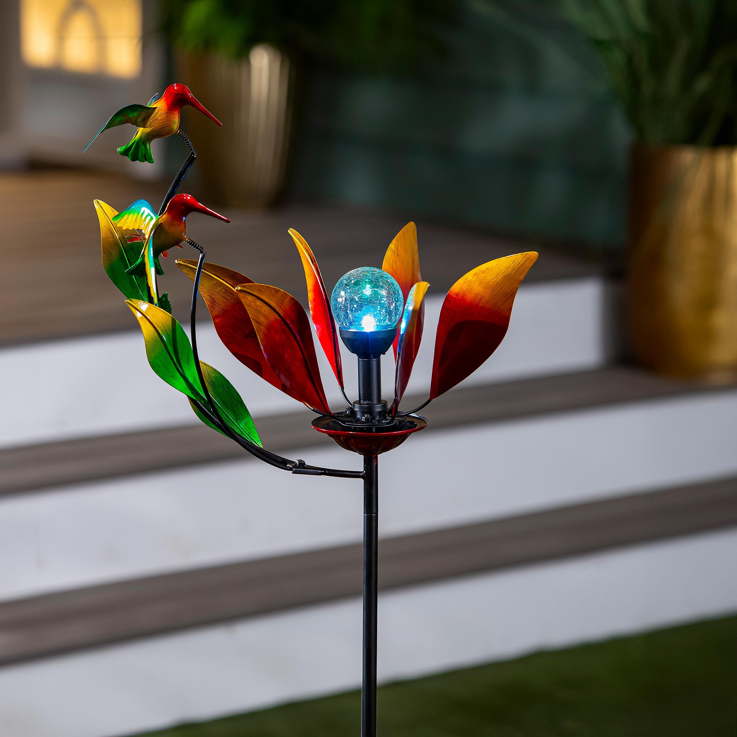 Solar Metal Wind Spinner, Red Hummingbird & Flower, 52"H