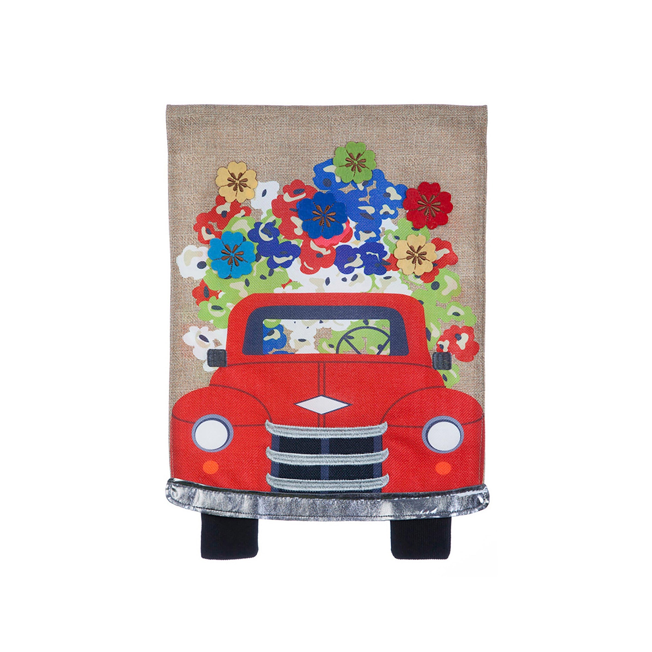 Burlap garden flag, Red Truck Flowers