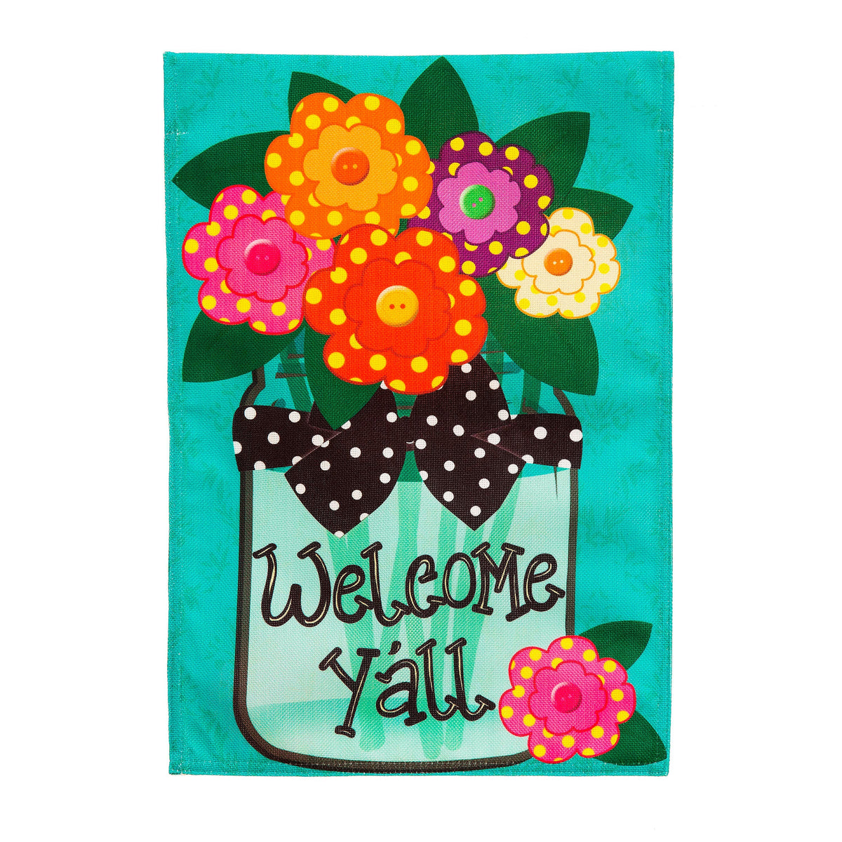 Welcome Y'all Polka Dot Flowers Garden Burlap Flag and Sassafras Mat Set (14B4181ECM+431272)