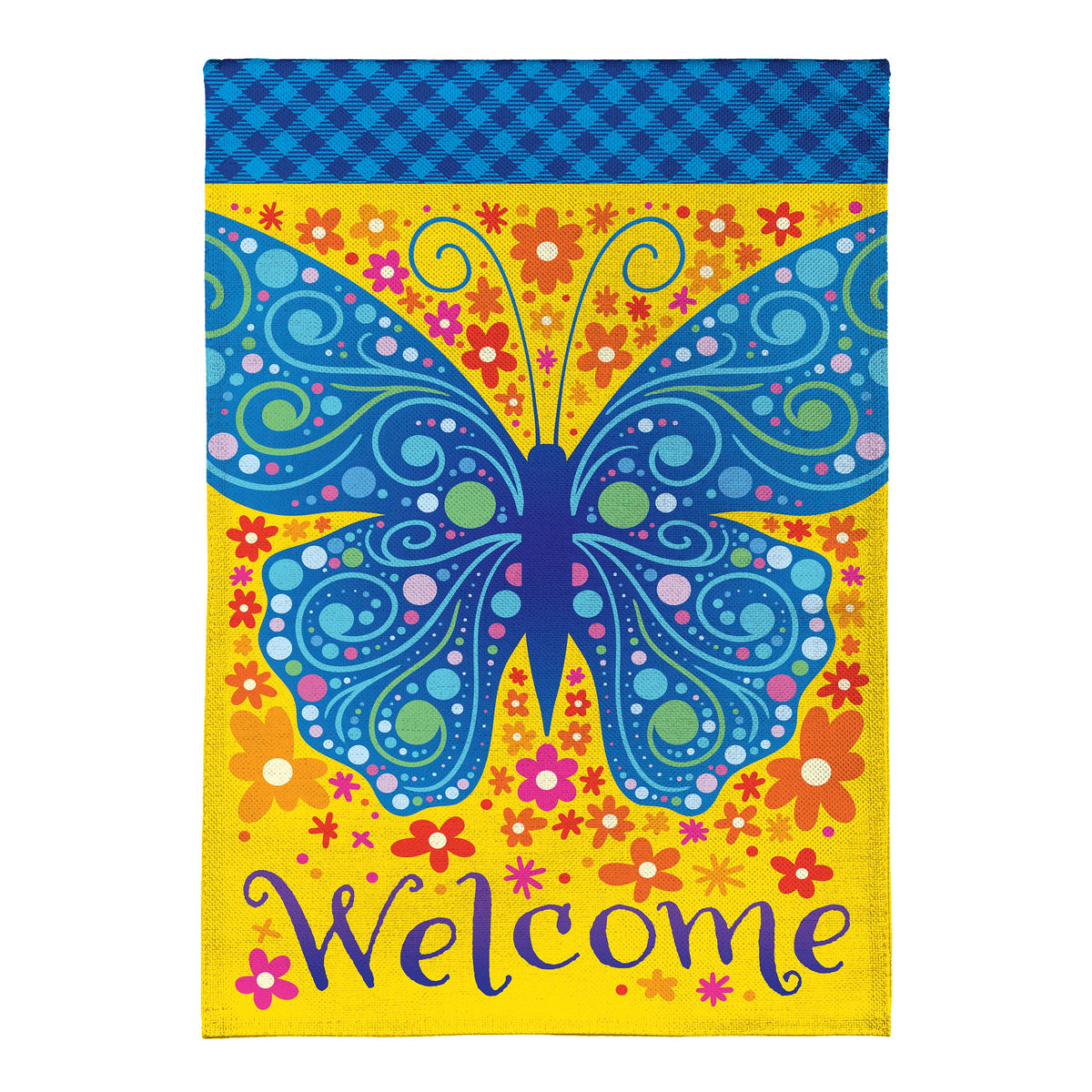 Welcome Mosaic Blue Butterfly Burlap Garden Flag