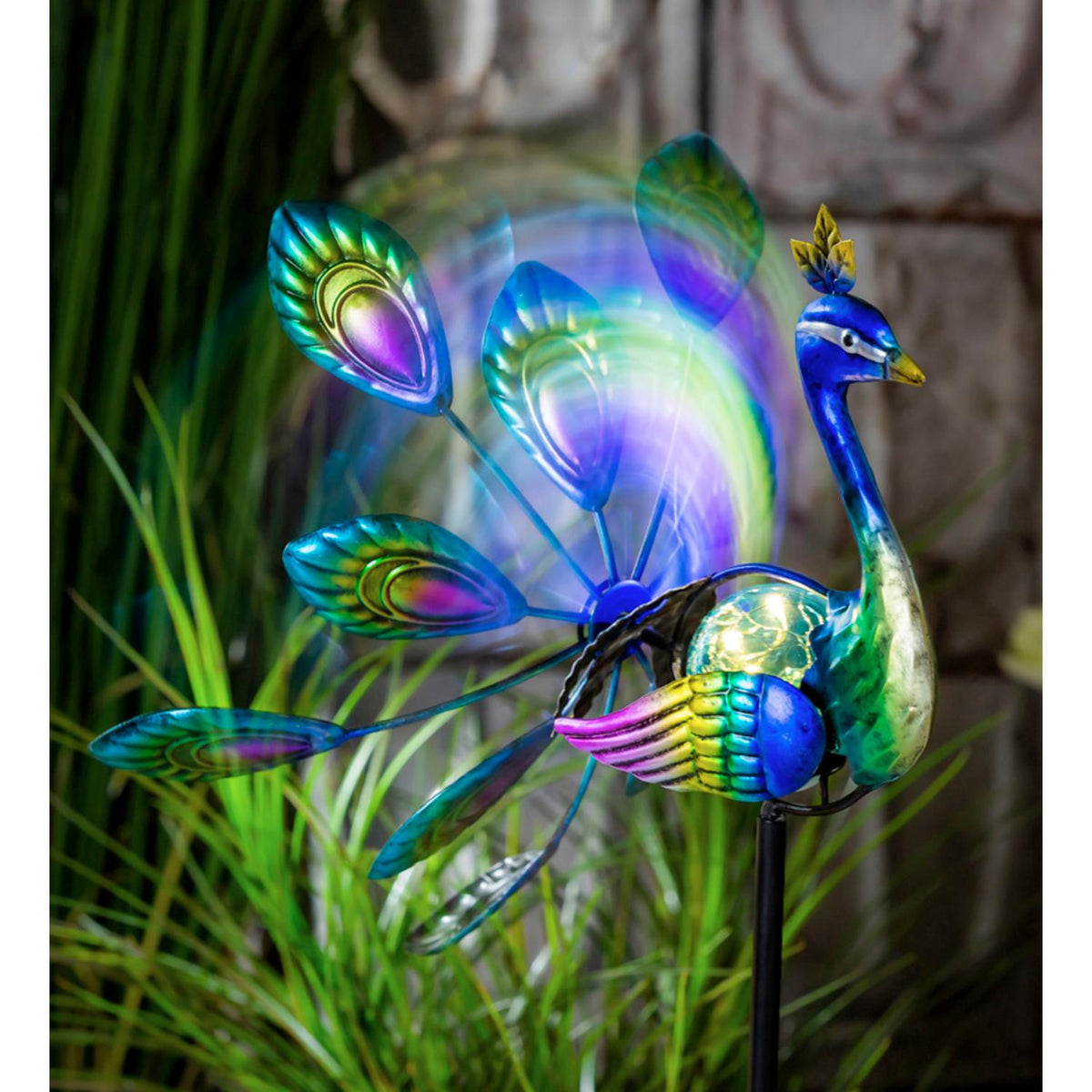 Tropical Oasis Wind Spinner, Solar Staked Peacock Staked Wind Spinner, 37"H