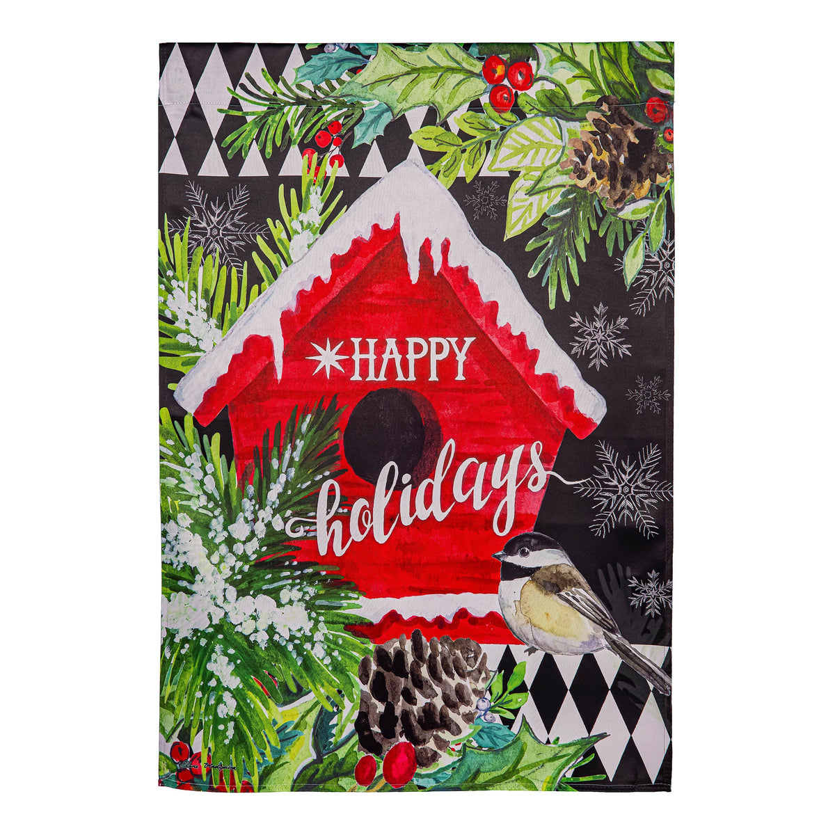 Floral Red Birdhouse Suede House Flag