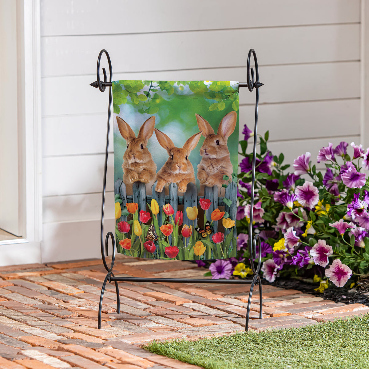 Whimsy Bunny Trio Suede Garden Flag