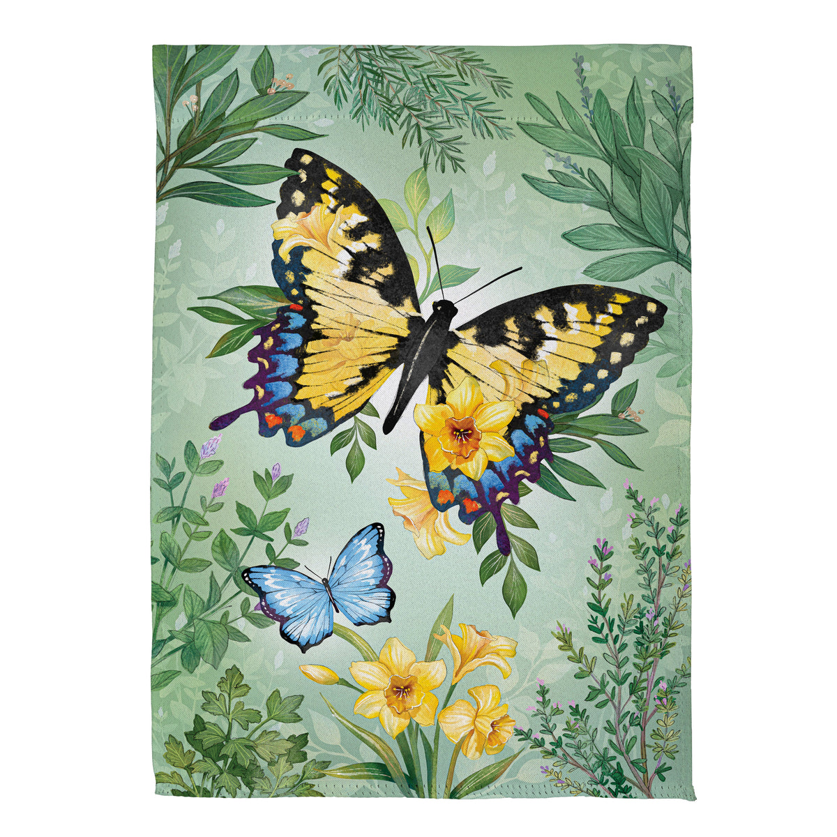 Cottage Garden Green & Yellow Florals Monarch Butterfly Suede House Flag