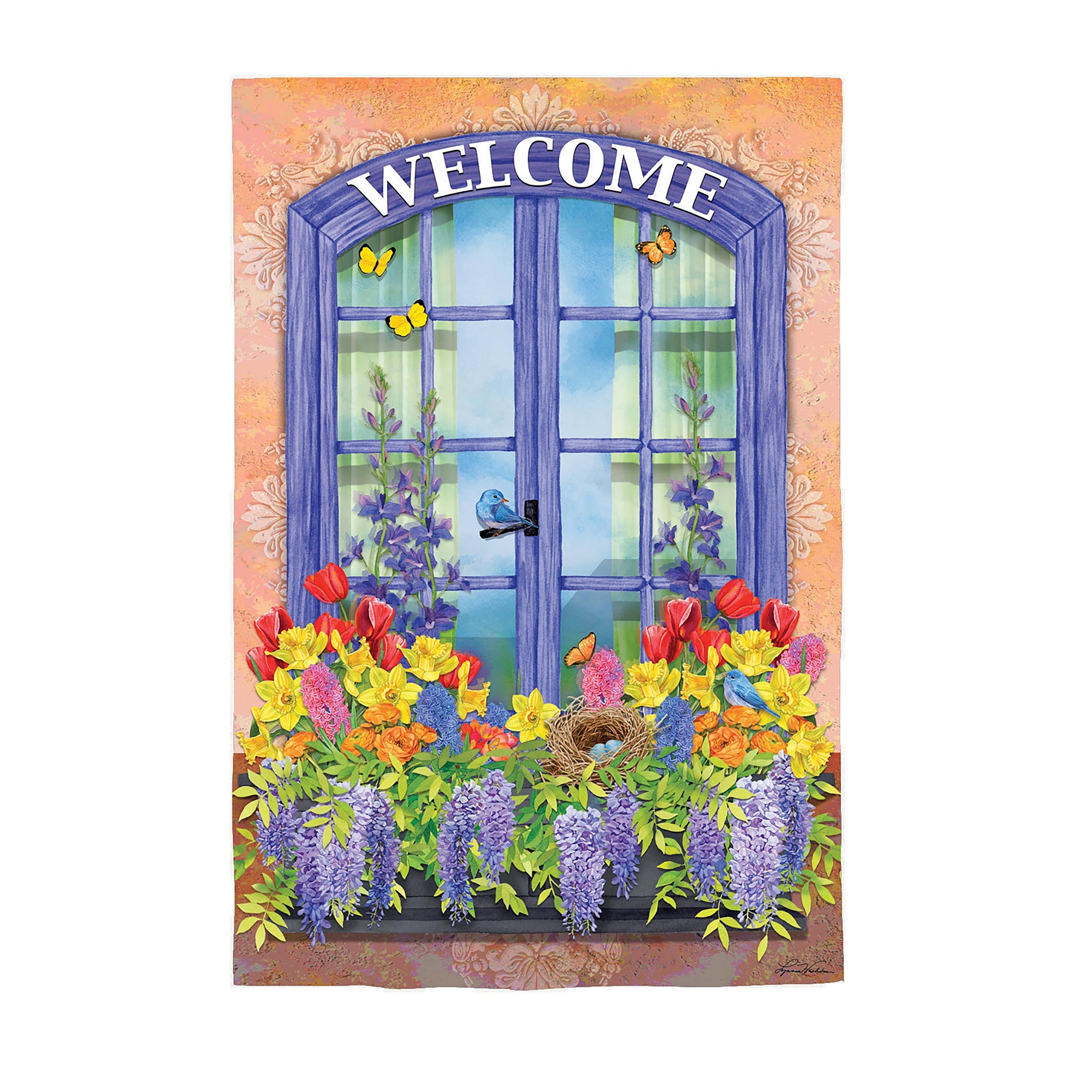 Welcome Floral Suede House Flag