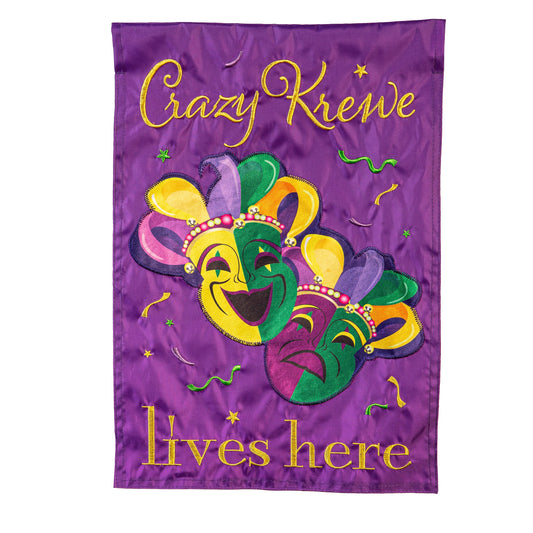 Mardi Gras Crazy Krewe Lives Here Applique House Flag